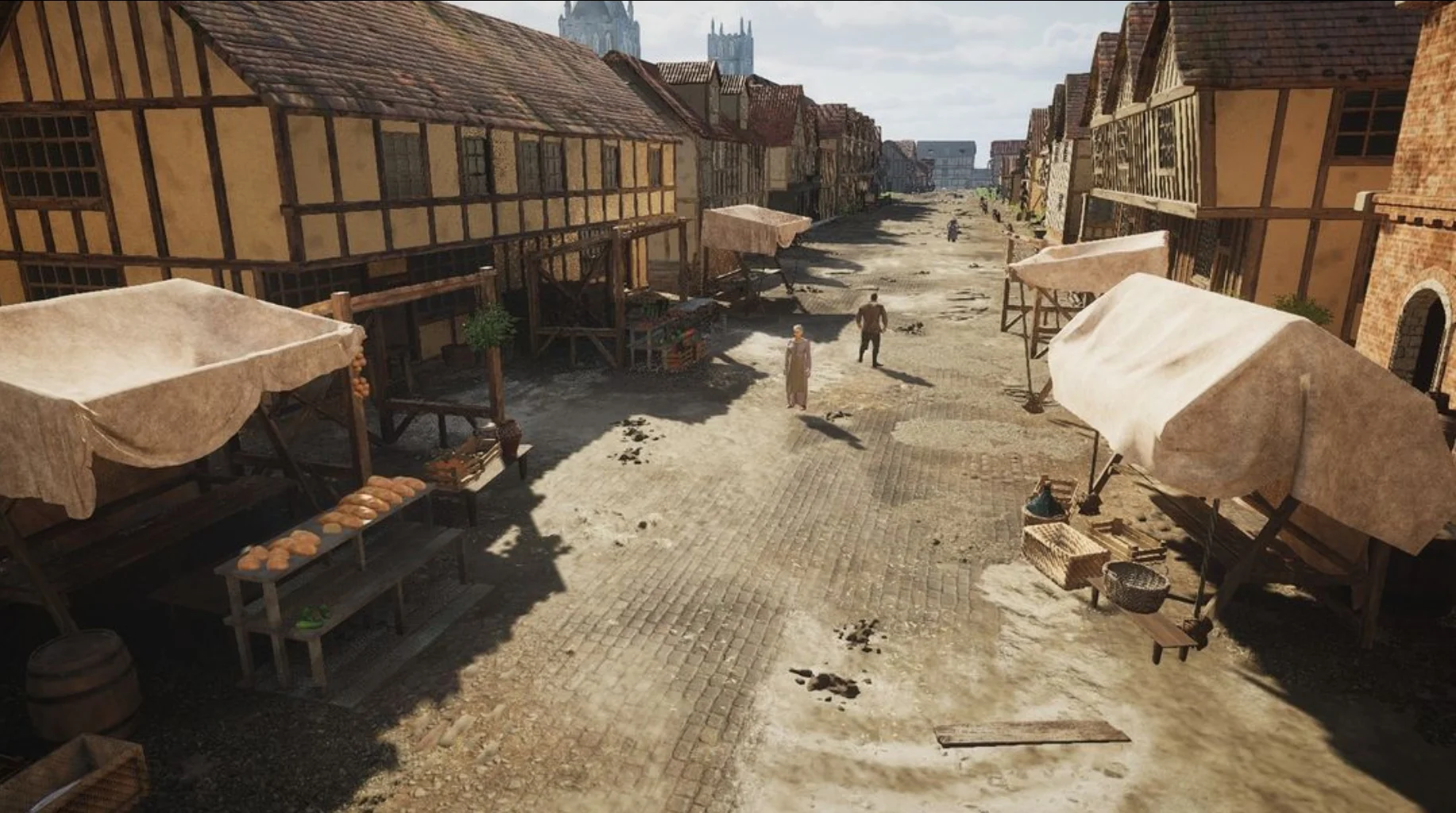Timber-framed buildings lining a market street in the Hereford 1642 game